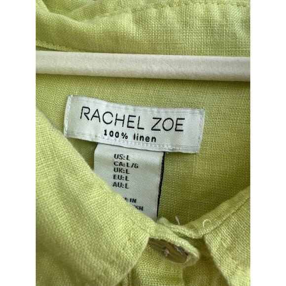 Rachel Zoe 100% Linen Green Chartreuse Collar Button Down Blouse - Picture 2 of 8